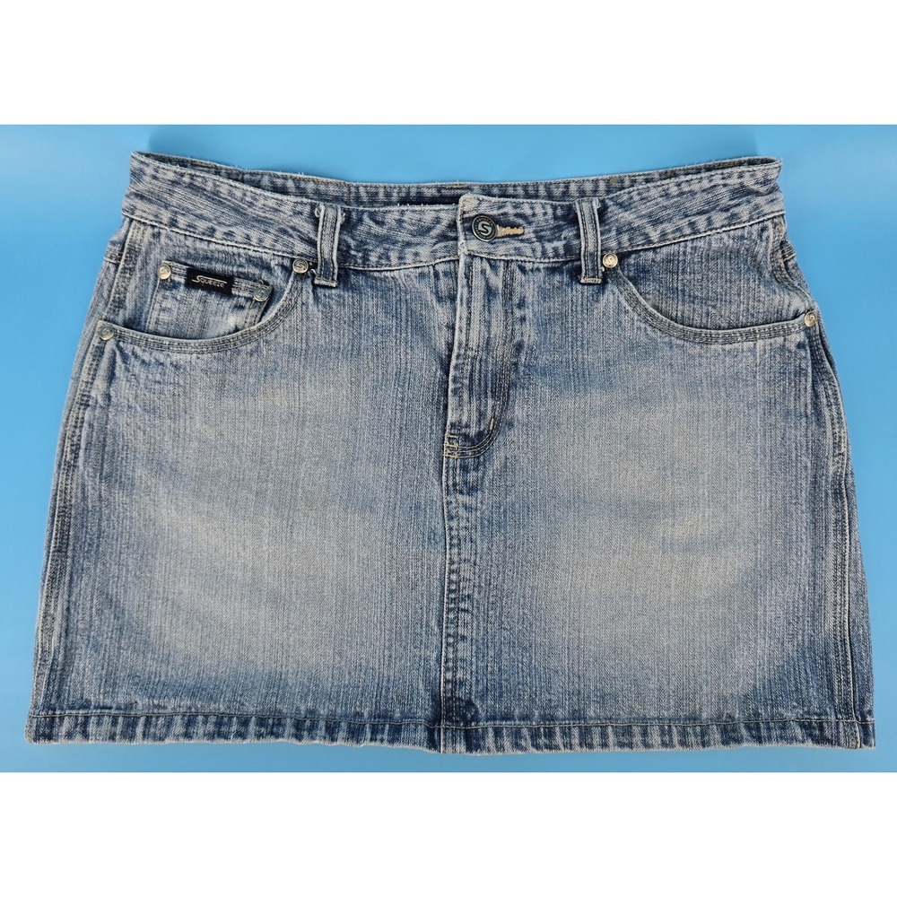 Vtg Y2K Squeeze Denim Mini‎ Skirt Sz 11/12 Low Rise Blue Jean Cotton Festival